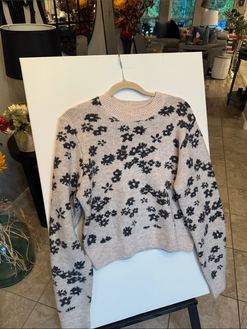 Z Supply Beige and Dark Grey Floral Crewneck Sweater - Women